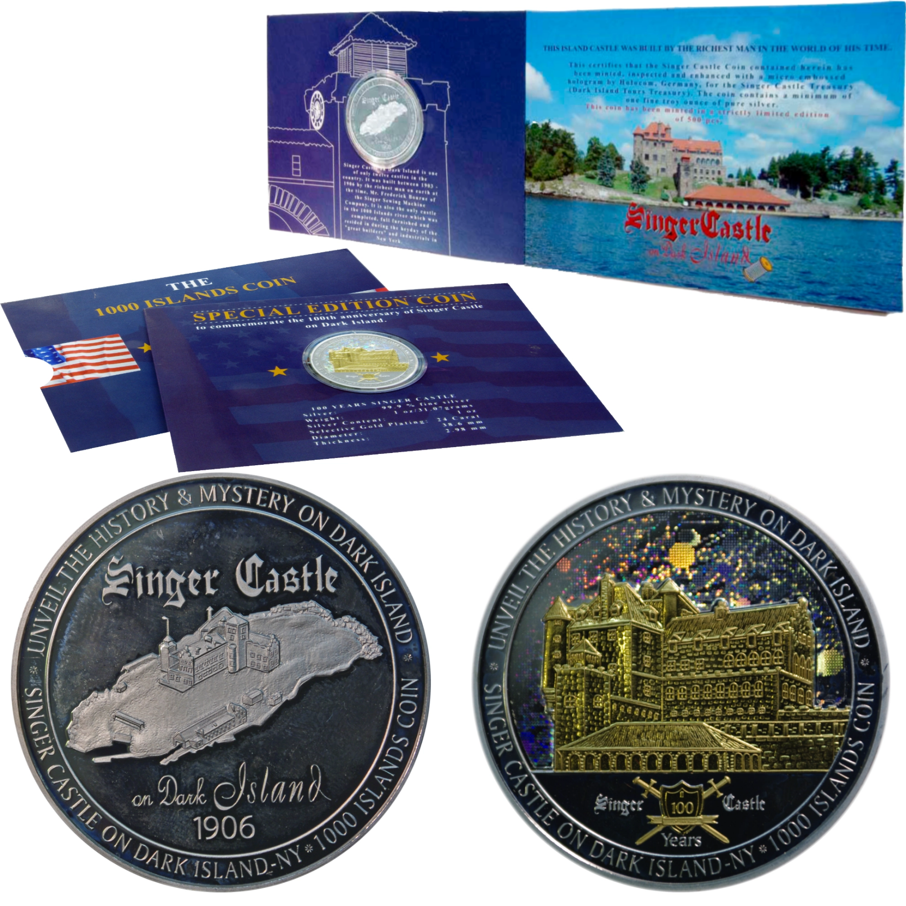 Silbermünze mit Hologramm zum hundertjährigen Bestehen des Singer Castle auf Dark Island mit Schober