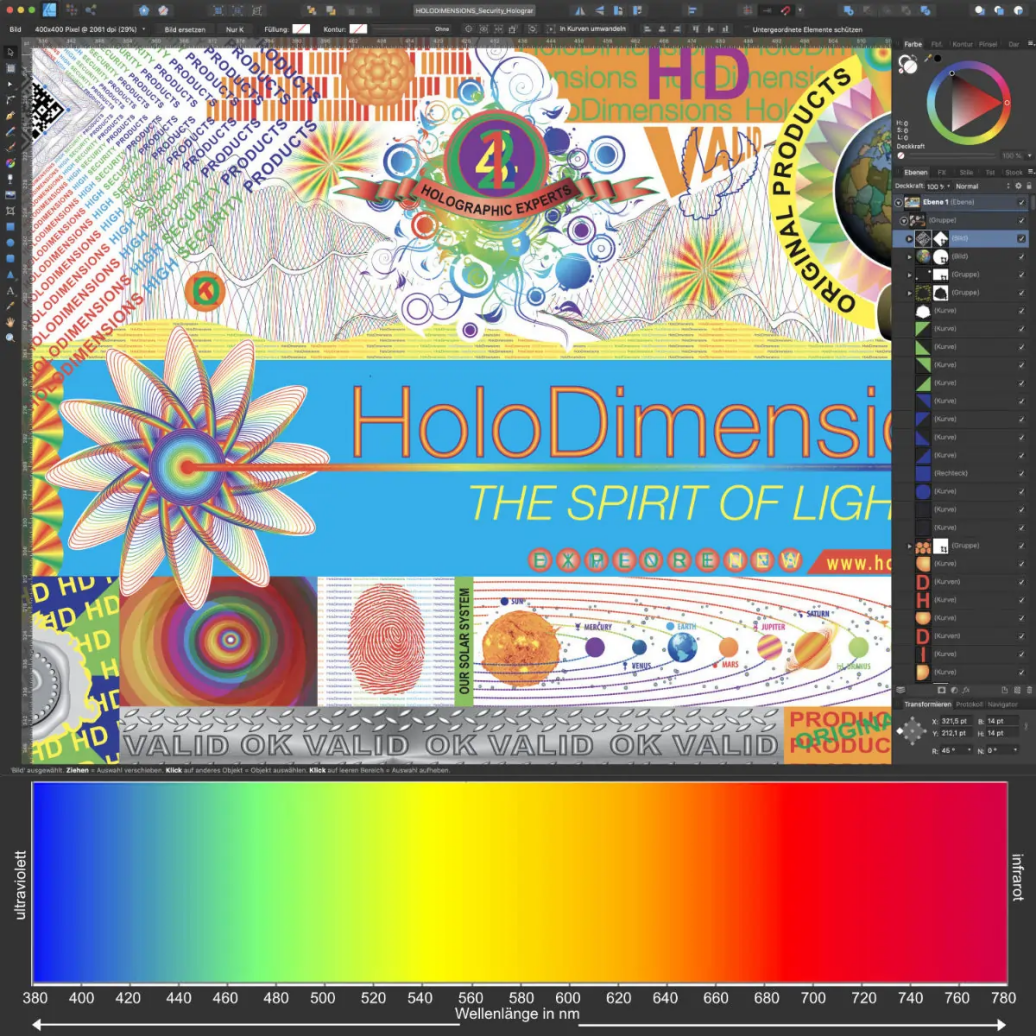 Hologramm Design mit verschiedenen Farben in der Wellenlänge des sichtbaren Lichtes